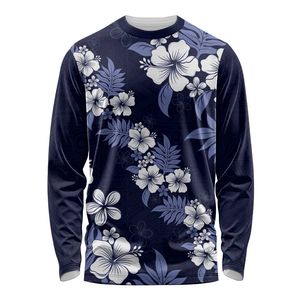 Hawaiian Hibiscus Tribal Floral Blue Long Sleeve Shirt Polynesian Tapa Pattern - Polynesian Pride