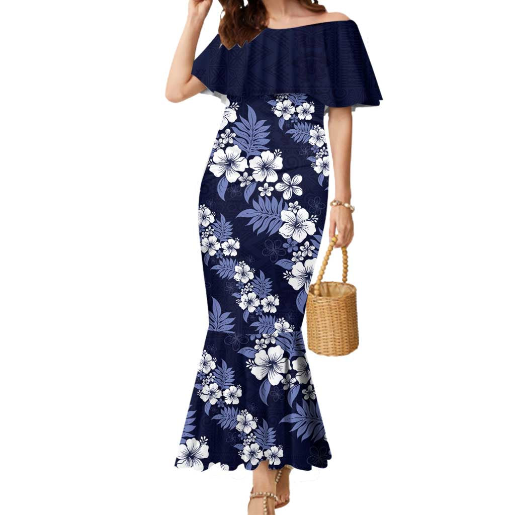 Hawaiian Hibiscus Tribal Floral Blue Mermaid Dress Polynesian Tapa Pattern - Polynesian Pride