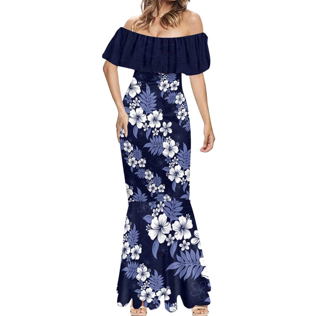 Hawaiian Hibiscus Tribal Floral Blue Mermaid Dress Polynesian Tapa Pattern - Polynesian Pride