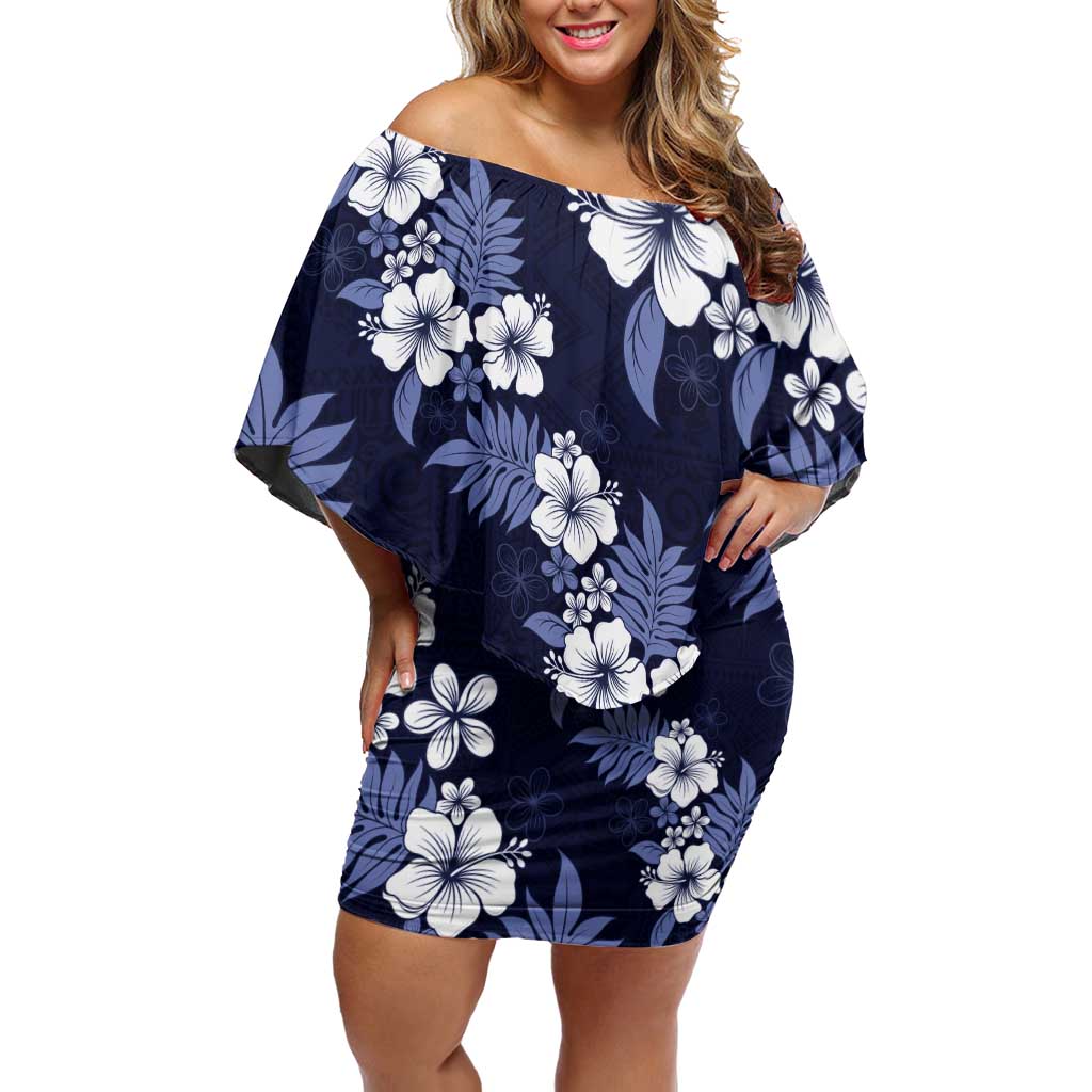 Hawaiian Hibiscus Tribal Floral Blue Off Shoulder Short Dress Polynesian Tapa Pattern - Polynesian Pride
