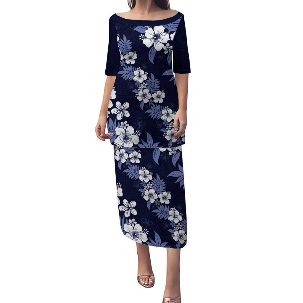Hawaiian Hibiscus Tribal Floral Blue Puletasi Polynesian Tapa Pattern - Polynesian Pride