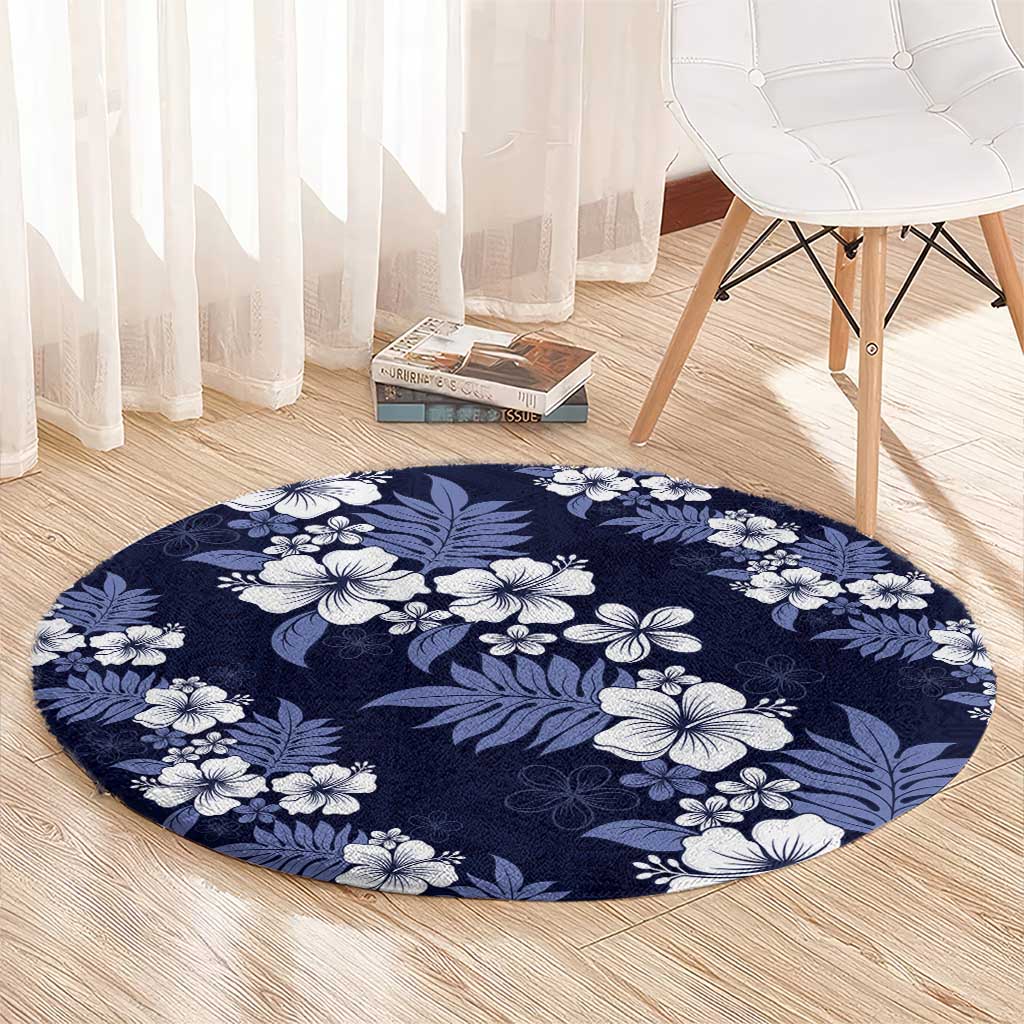 Hawaiian Hibiscus Tribal Floral Blue Round Carpet Polynesian Tapa Pattern - Polynesian Pride