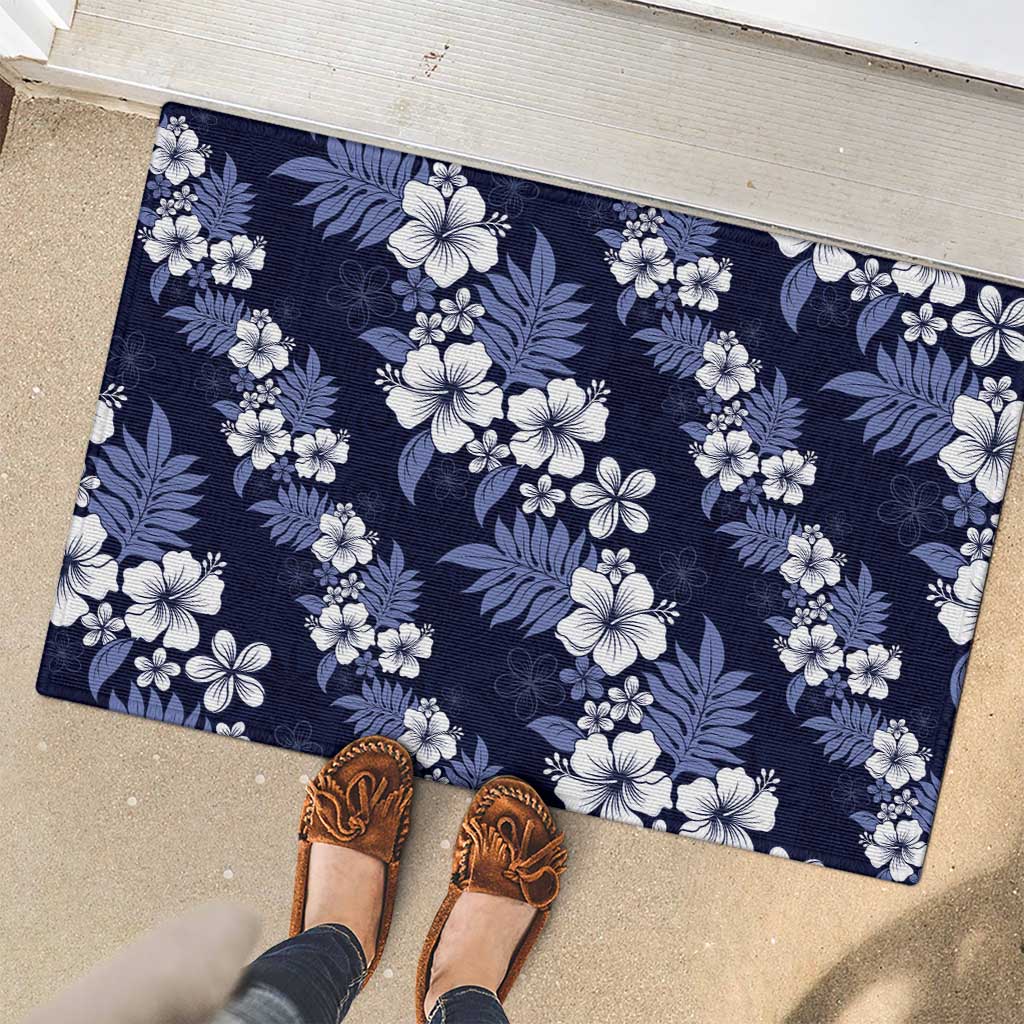Hawaiian Hibiscus Tribal Floral Blue Rubber Doormat Polynesian Tapa Pattern - Polynesian Pride