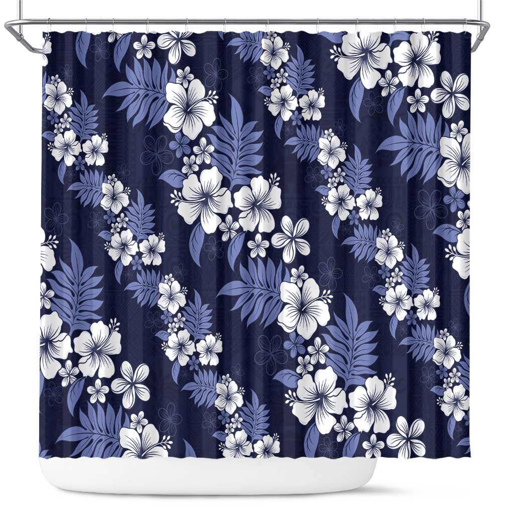 Hawaiian Hibiscus Tribal Floral Blue Shower Curtain Polynesian Tapa Pattern - Polynesian Pride
