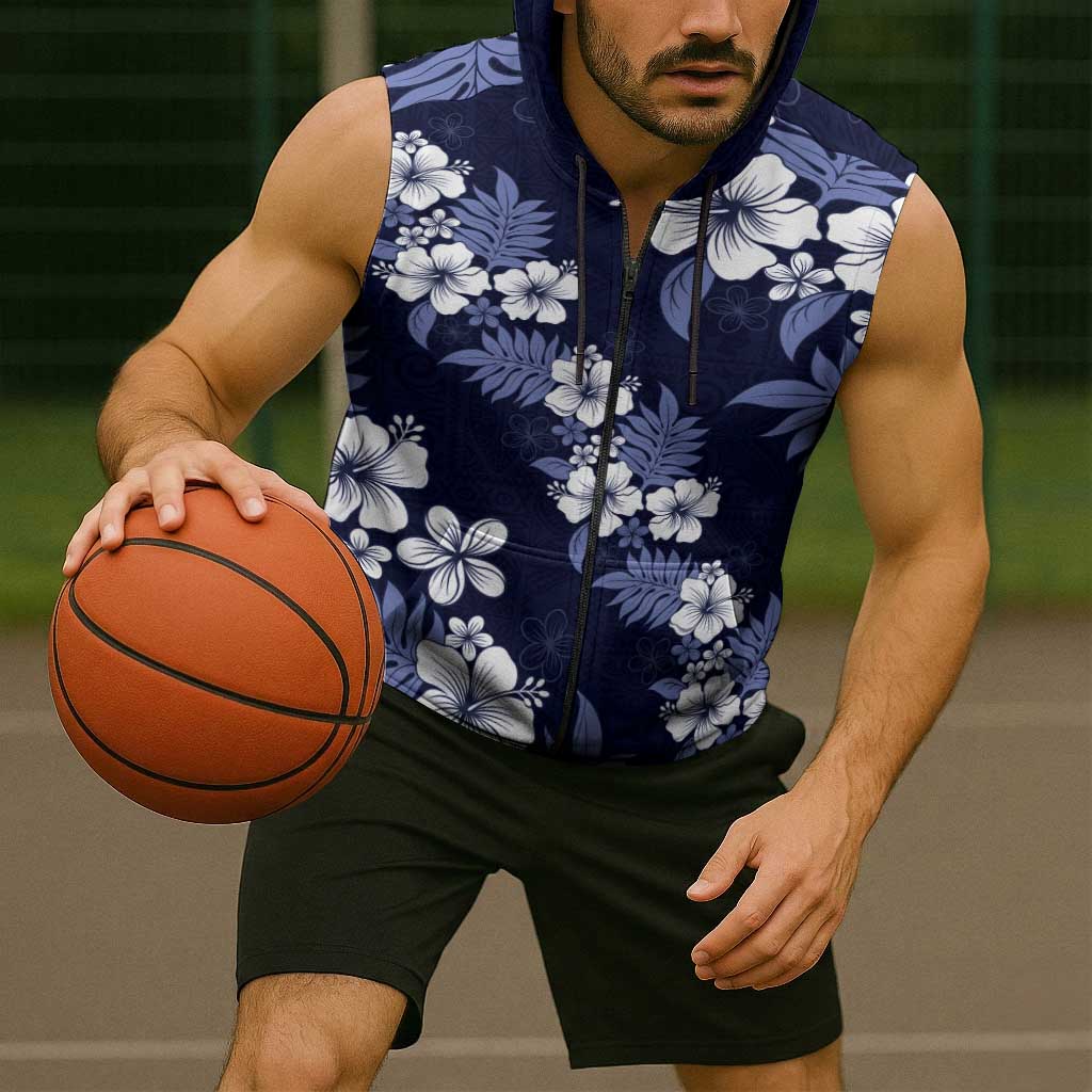 Hawaiian Hibiscus Tribal Floral Blue Sleeveless Zip Hoodie Polynesian Tapa Pattern - Polynesian Pride