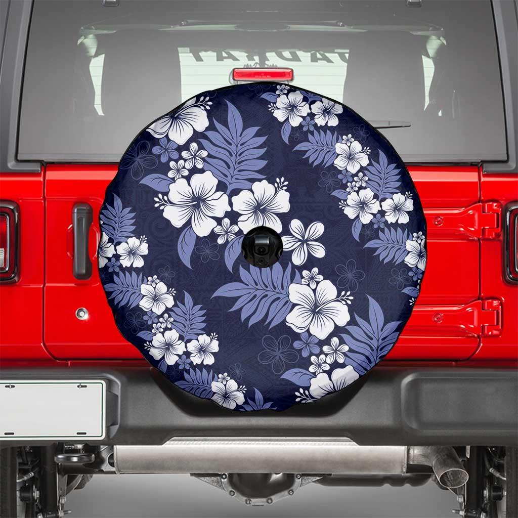 Hawaiian Hibiscus Tribal Floral Blue Spare Tire Cover Polynesian Tapa Pattern - Polynesian Pride