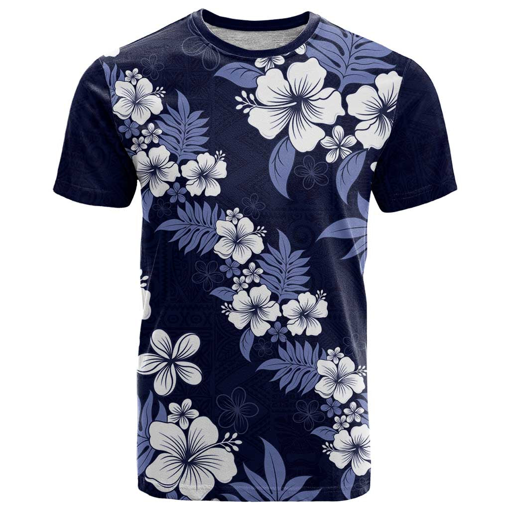 Hawaiian Hibiscus Tribal Floral Blue T Shirt Polynesian Tapa Pattern - Polynesian Pride
