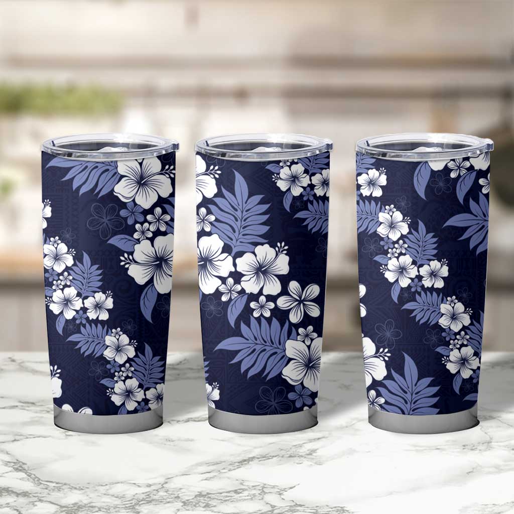Hawaiian Hibiscus Tribal Floral Blue Tumbler Cup Polynesian Tapa Pattern - Polynesian Pride