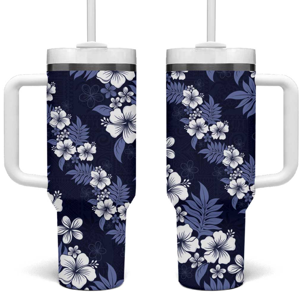 Hawaiian Hibiscus Tribal Floral Blue Tumbler With Handle Polynesian Tapa Pattern - Polynesian Pride