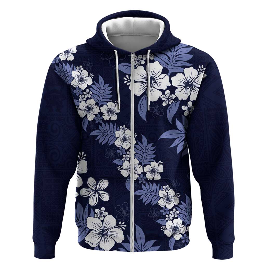 Hawaiian Hibiscus Tribal Floral Blue Zip Hoodie Polynesian Tapa Pattern - Polynesian Pride