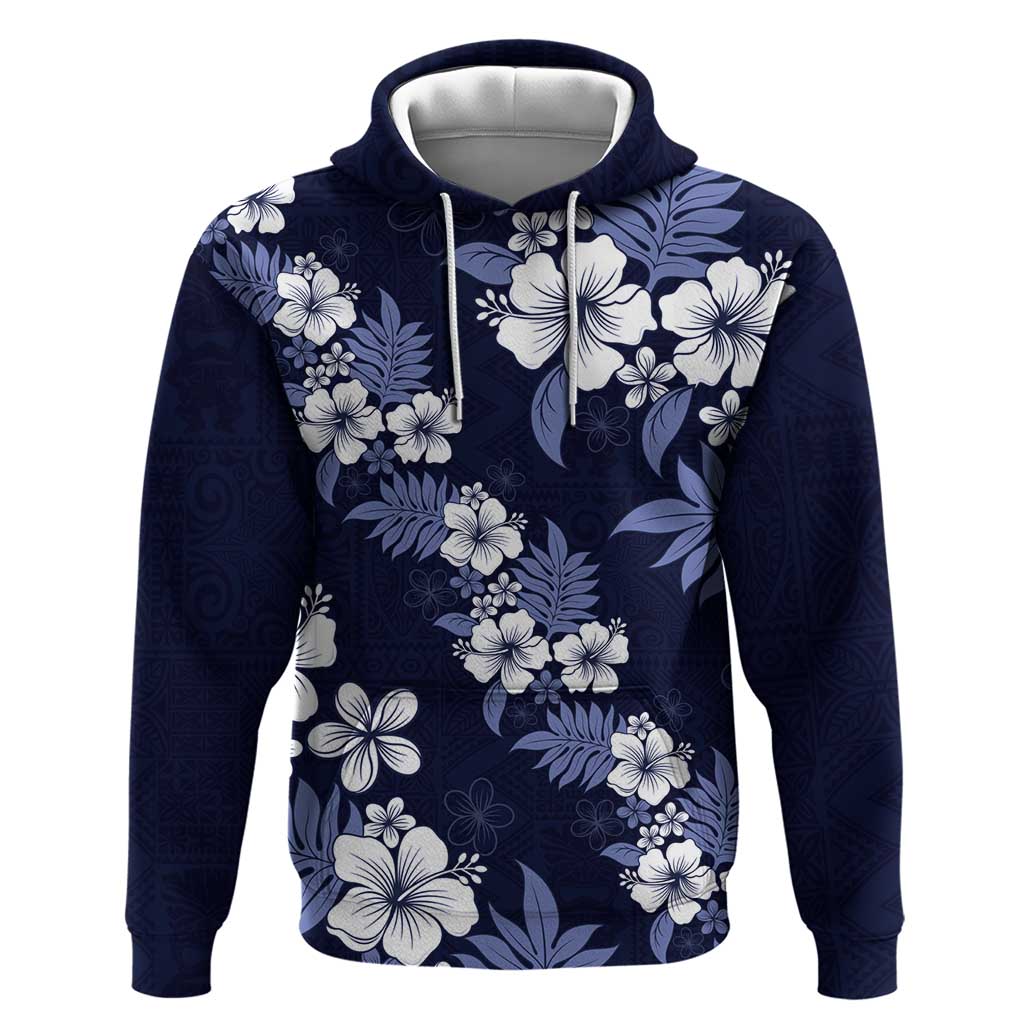Hawaiian Hibiscus Tribal Floral Blue Zip Hoodie Polynesian Tapa Pattern - Polynesian Pride