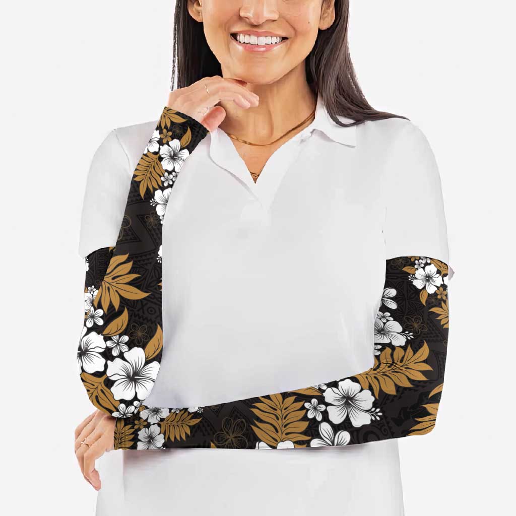 Hawaiian Hibiscus Tribal Floral Brown Arm Sleeves Polynesian Tapa Pattern - Polynesian Pride