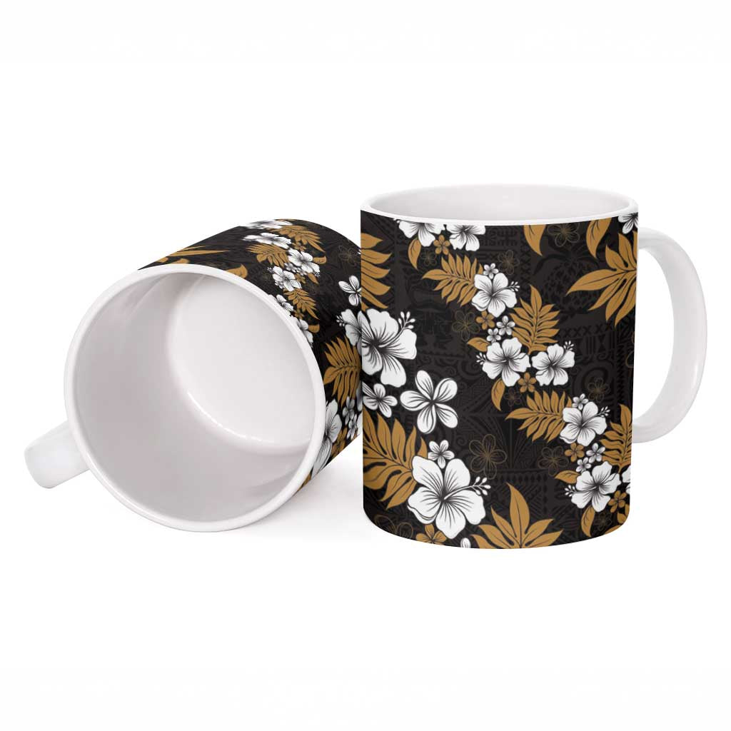 Hawaiian Hibiscus Tribal Floral Brown Ceramic Mug Polynesian Tapa Pattern - Polynesian Pride