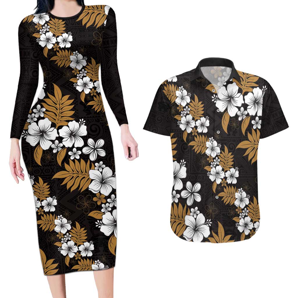 Hawaiian Hibiscus Tribal Floral Brown Couples Matching Long Sleeve Bodycon Dress and Hawaiian Shirt Polynesian Tapa Pattern - Polynesian Pride