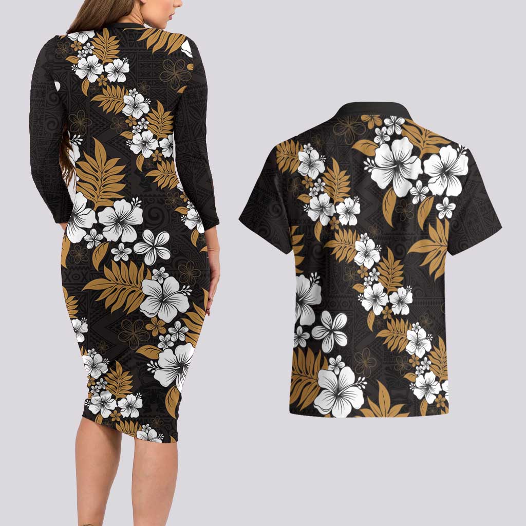 Hawaiian Hibiscus Tribal Floral Brown Couples Matching Long Sleeve Bodycon Dress and Hawaiian Shirt Polynesian Tapa Pattern LT01 - Polynesian Pride
