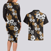 Hawaiian Hibiscus Tribal Floral Brown Couples Matching Long Sleeve Bodycon Dress and Hawaiian Shirt Polynesian Tapa Pattern LT01 - Polynesian Pride