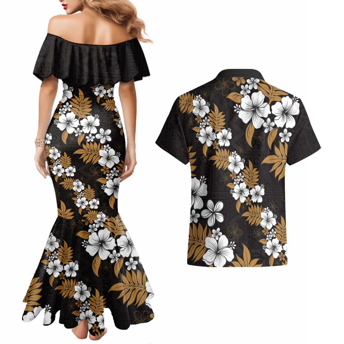 Hawaiian Hibiscus Tribal Floral Brown Couples Matching Mermaid Dress and Hawaiian Shirt Polynesian Tapa Pattern LT01 - Polynesian Pride