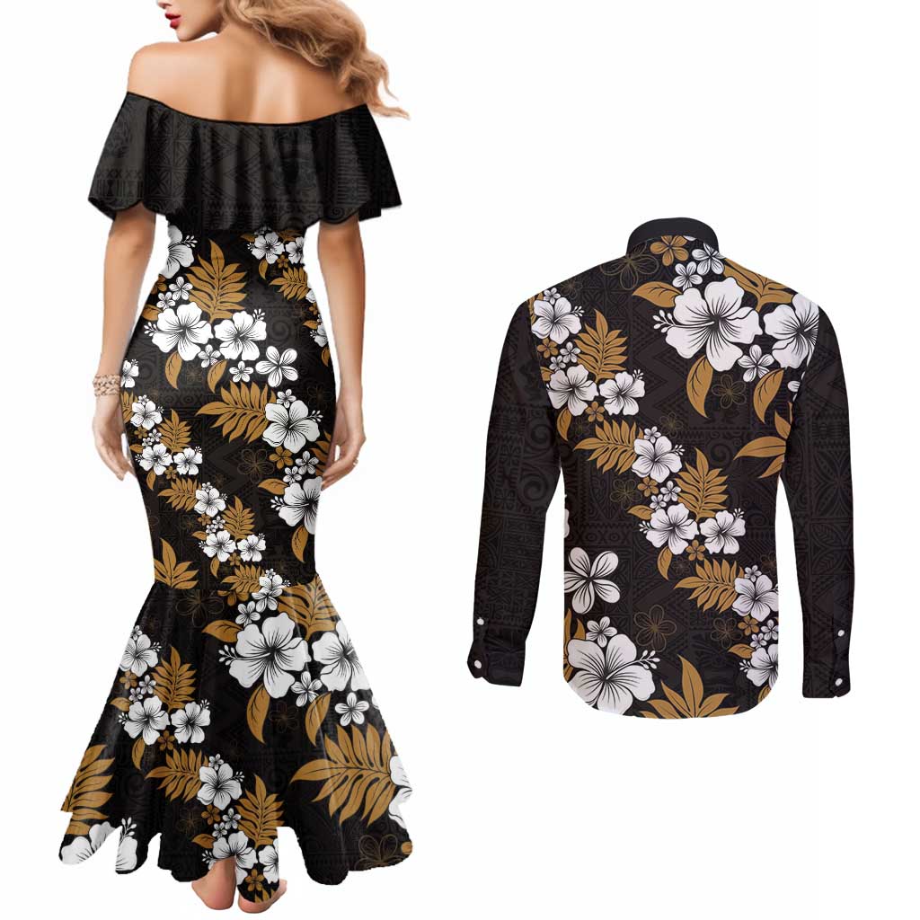 Hawaiian Hibiscus Tribal Floral Brown Couples Matching Mermaid Dress and Long Sleeve Button Shirt Polynesian Tapa Pattern - Polynesian Pride
