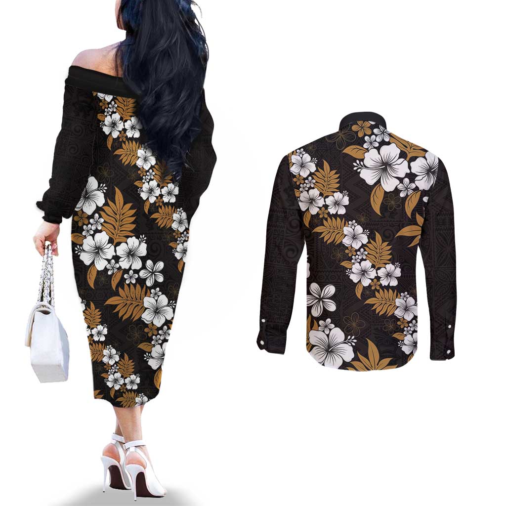 Hawaiian Hibiscus Tribal Floral Brown Couples Matching Off The Shoulder Long Sleeve Dress and Long Sleeve Button Shirt Polynesian Tapa Pattern - Polynesian Pride