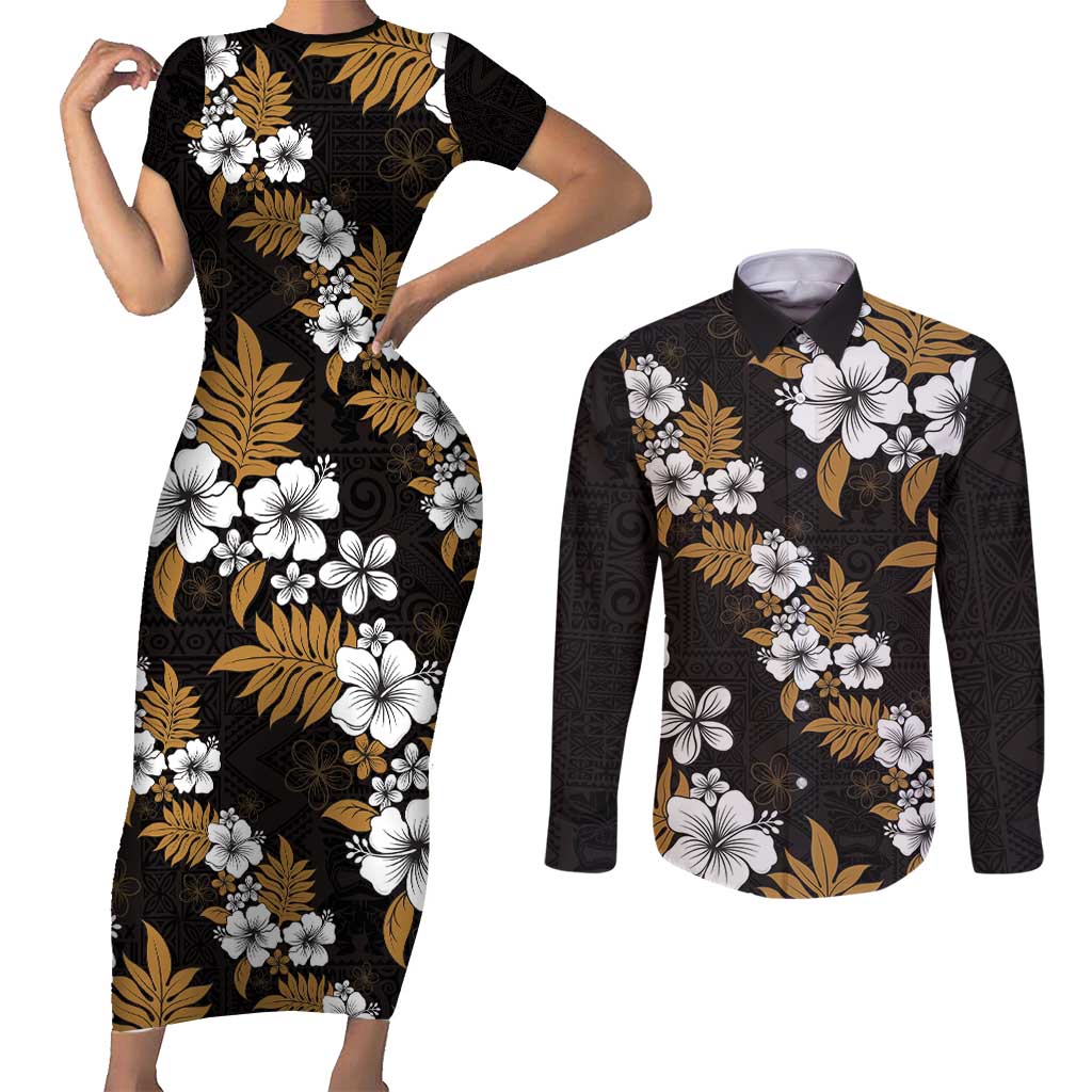Hawaiian Hibiscus Tribal Floral Brown Couples Matching Short Sleeve Bodycon Dress and Long Sleeve Button Shirt Polynesian Tapa Pattern - Polynesian Pride