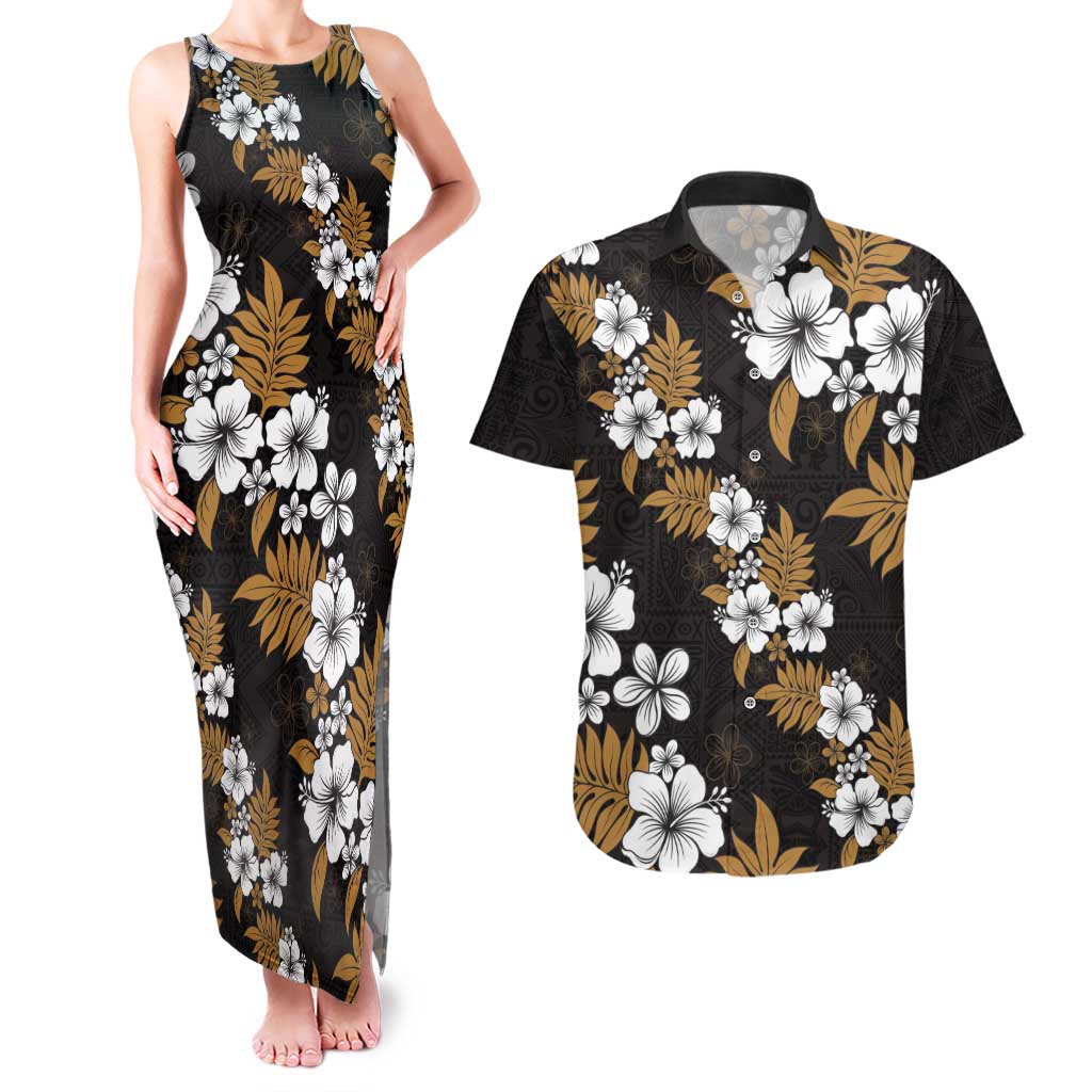 Hawaiian Hibiscus Tribal Floral Brown Couples Matching Tank Maxi Dress and Hawaiian Shirt Polynesian Tapa Pattern - Polynesian Pride