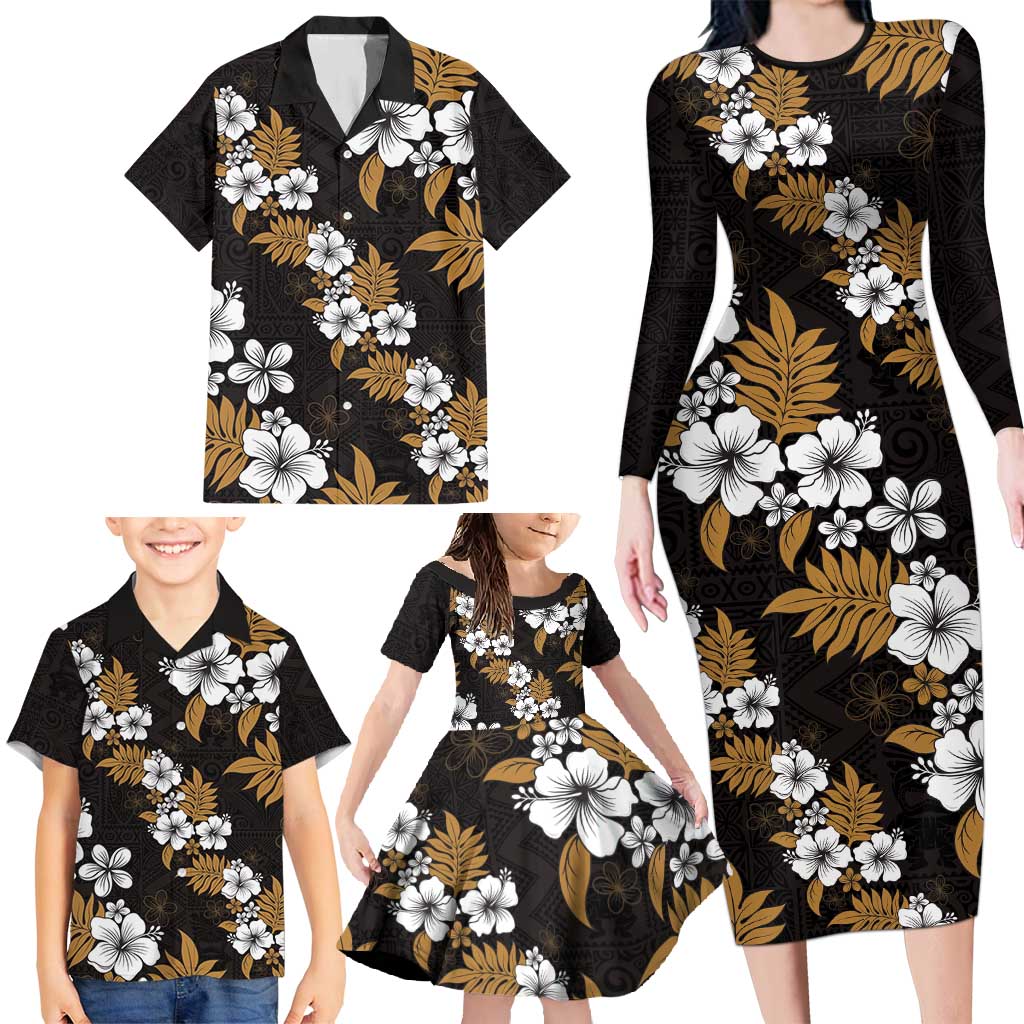 Hawaiian Hibiscus Tribal Floral Brown Family Matching Long Sleeve Bodycon Dress and Hawaiian Shirt Polynesian Tapa Pattern - Polynesian Pride