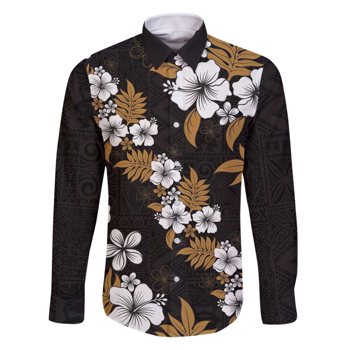 Hawaiian Hibiscus Tribal Floral Brown Family Matching Off The Shoulder Long Sleeve Dress and Hawaiian Shirt Polynesian Tapa Pattern LT01 Dad's Shirt - Long Sleeve Brown - Polynesian Pride