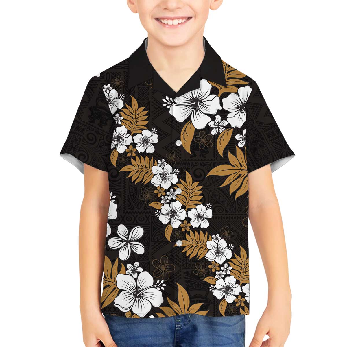 Hawaiian Hibiscus Tribal Floral Brown Family Matching Off The Shoulder Long Sleeve Dress and Hawaiian Shirt Polynesian Tapa Pattern LT01 Son's Shirt Brown - Polynesian Pride