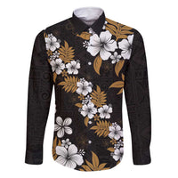 Hawaiian Hibiscus Tribal Floral Brown Family Matching Off Shoulder Maxi Dress and Hawaiian Shirt Polynesian Tapa Pattern LT01 Dad's Shirt - Long Sleeve Brown - Polynesian Pride