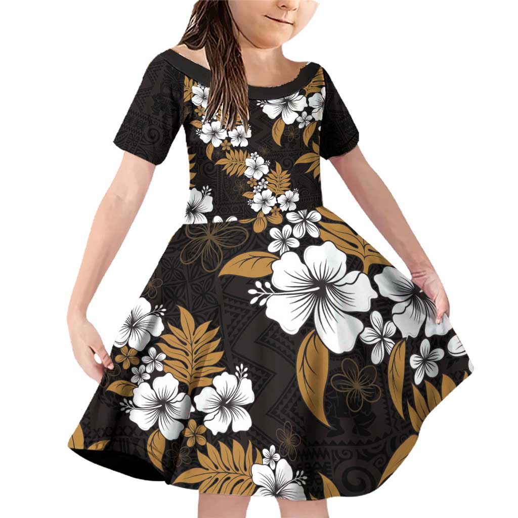 Hawaiian Hibiscus Tribal Floral Brown Family Matching Off Shoulder Short Dress and Hawaiian Shirt Polynesian Tapa Pattern LT01 Daughter's Dress Brown - Polynesian Pride