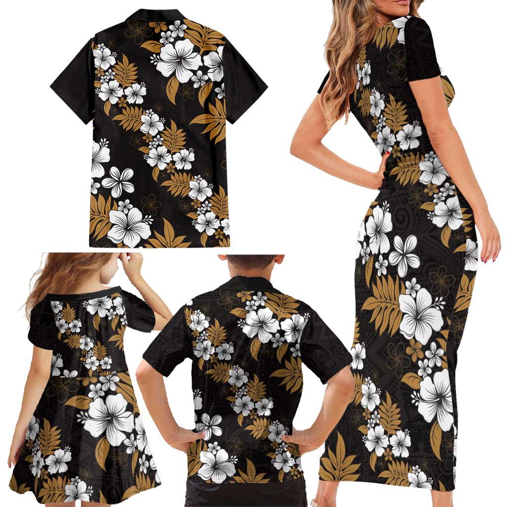 Hawaiian Hibiscus Tribal Floral Brown Family Matching Short Sleeve Bodycon Dress and Hawaiian Shirt Polynesian Tapa Pattern - Polynesian Pride