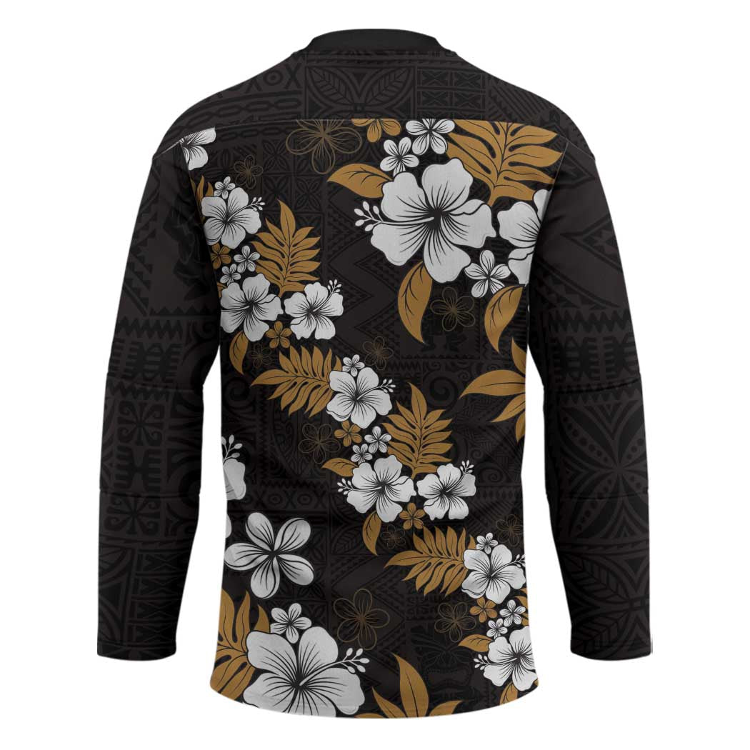 Hawaiian Hibiscus Tribal Floral Brown Hockey Jersey Polynesian Tapa Pattern - Polynesian Pride