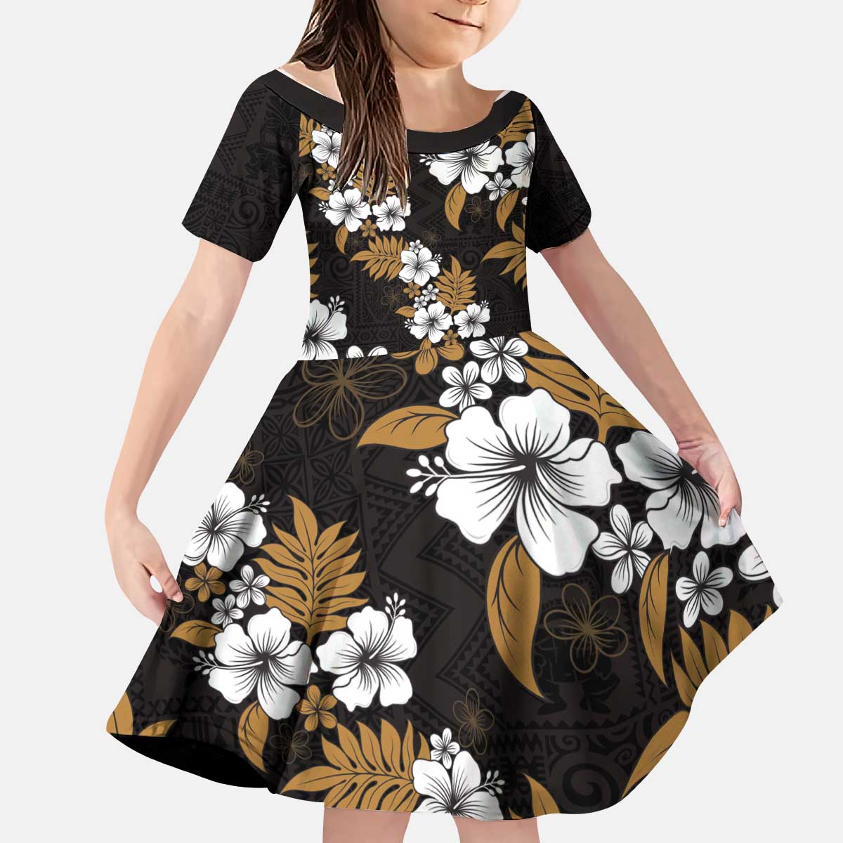 Hawaiian Hibiscus Tribal Floral Brown Kid Short Sleeve Dress Polynesian Tapa Pattern - Polynesian Pride