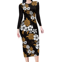 Hawaiian Hibiscus Tribal Floral Brown Long Sleeve Bodycon Dress Polynesian Tapa Pattern - Polynesian Pride