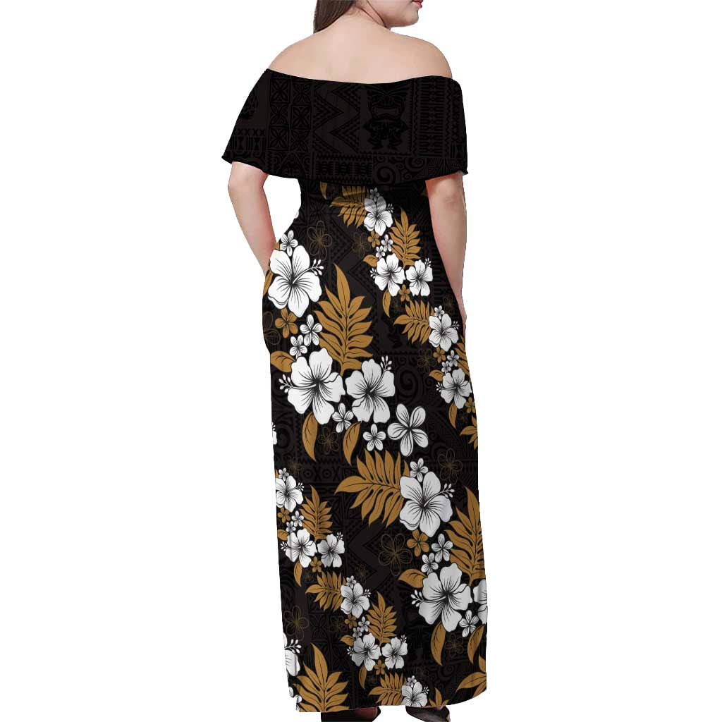 Hawaiian Hibiscus Tribal Floral Brown Off Shoulder Maxi Dress Polynesian Tapa Pattern - Polynesian Pride