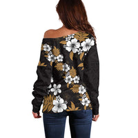 Hawaiian Hibiscus Tribal Floral Brown Off Shoulder Sweater Polynesian Tapa Pattern - Polynesian Pride