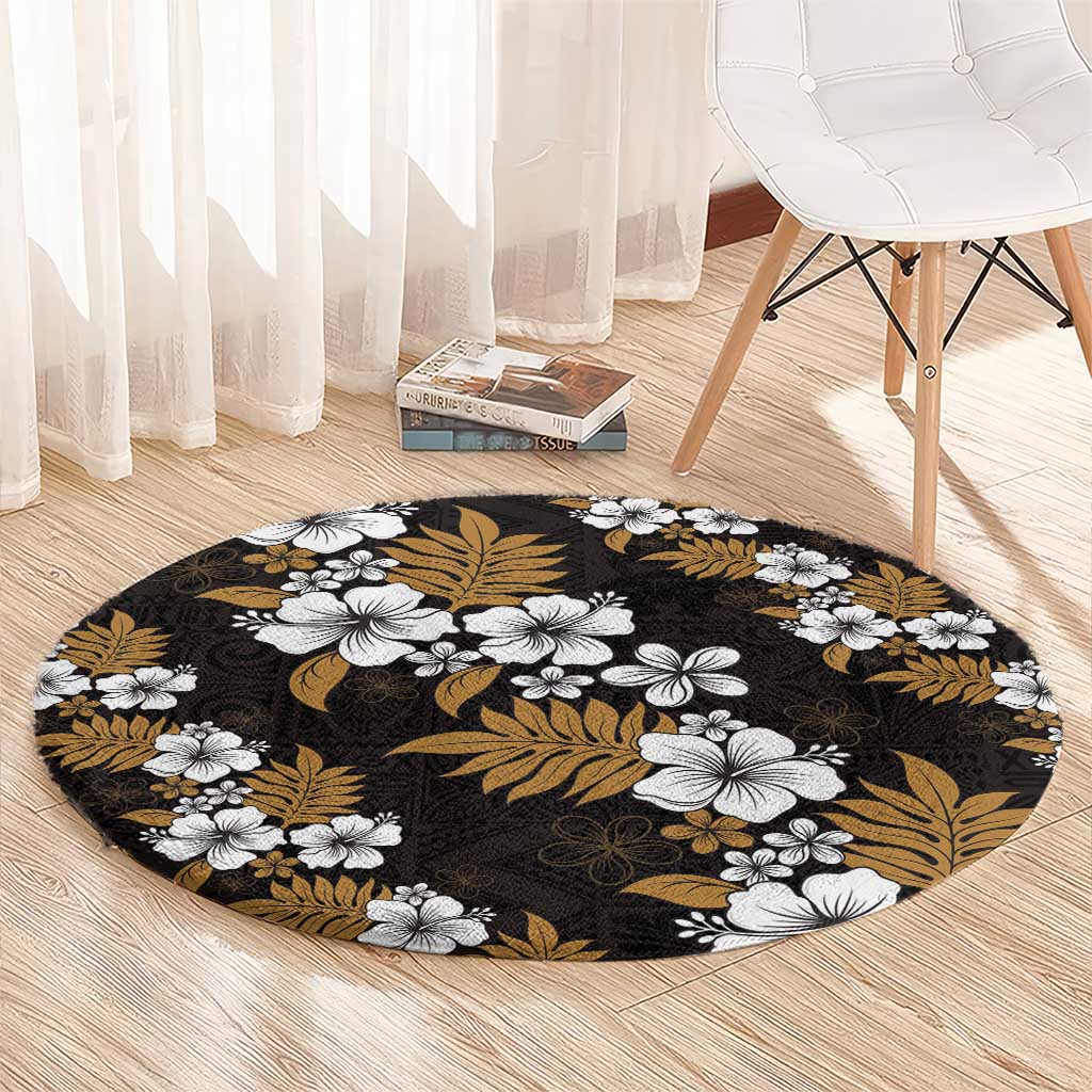 Hawaiian Hibiscus Tribal Floral Brown Round Carpet Polynesian Tapa Pattern - Polynesian Pride