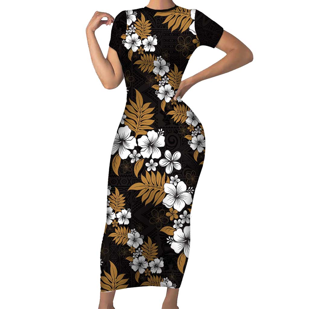 Hawaiian Hibiscus Tribal Floral Brown Short Sleeve Bodycon Dress Polynesian Tapa Pattern - Polynesian Pride