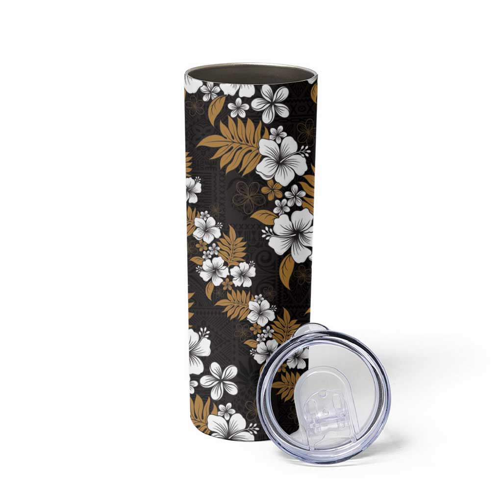 Hawaiian Hibiscus Tribal Floral Brown Skinny Tumbler Polynesian Tapa Pattern - Polynesian Pride
