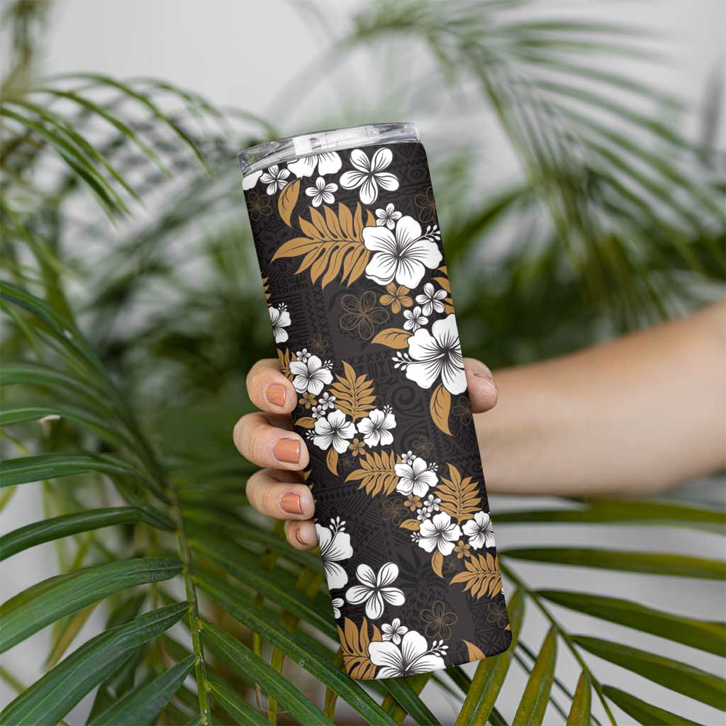 Hawaiian Hibiscus Tribal Floral Brown Skinny Tumbler Polynesian Tapa Pattern - Polynesian Pride