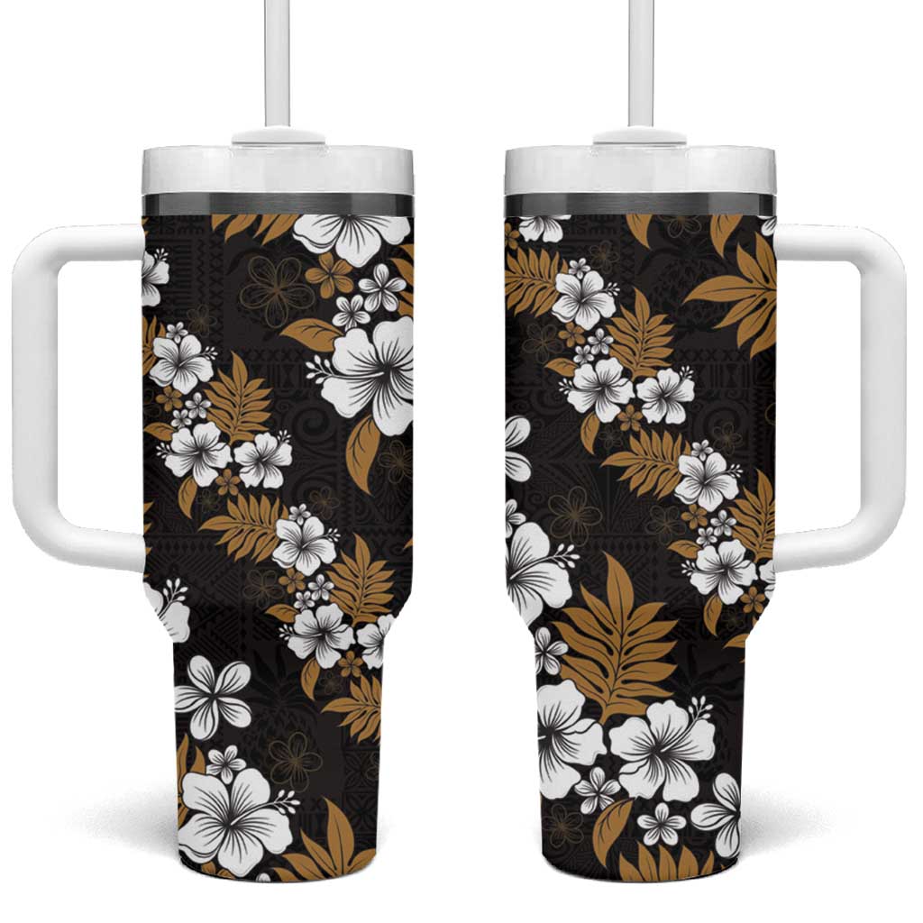 Hawaiian Hibiscus Tribal Floral Brown Tumbler With Handle Polynesian Tapa Pattern - Polynesian Pride
