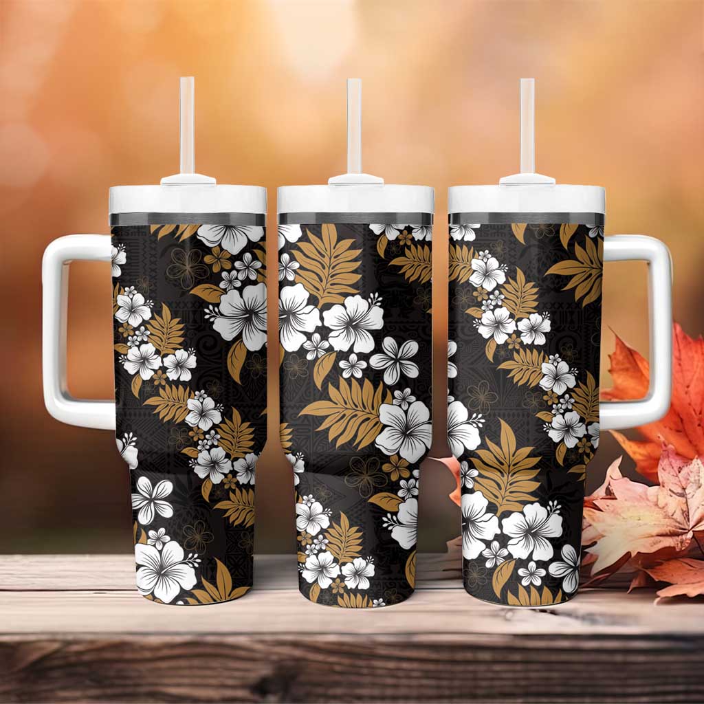 Hawaiian Hibiscus Tribal Floral Brown Tumbler With Handle Polynesian Tapa Pattern - Polynesian Pride