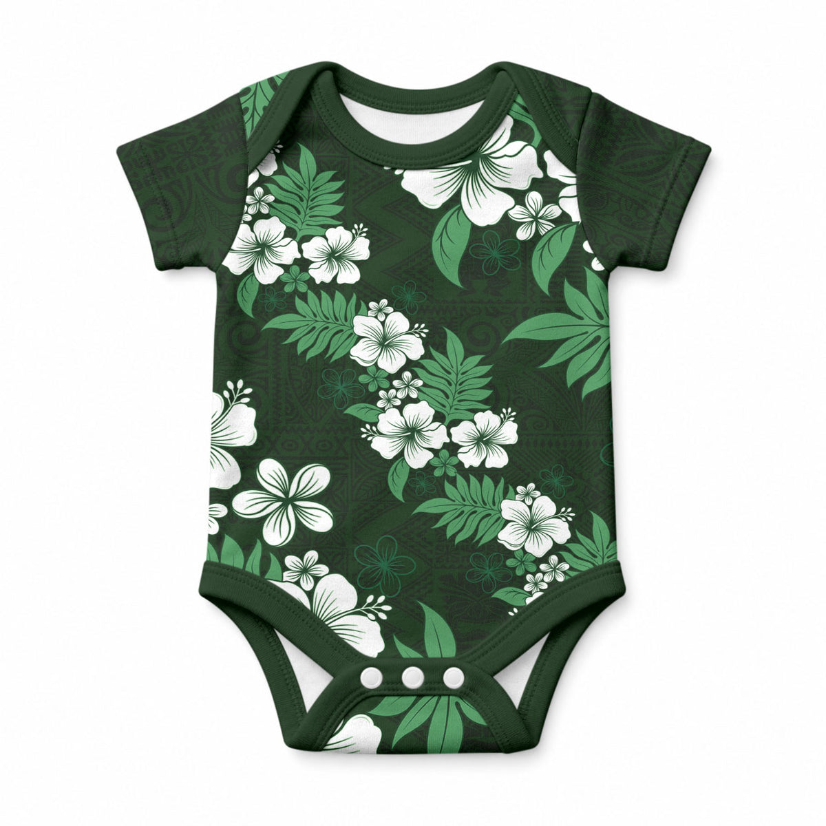 Hawaiian Hibiscus Tribal Floral Green Baby Onesie Polynesian Tapa Pattern