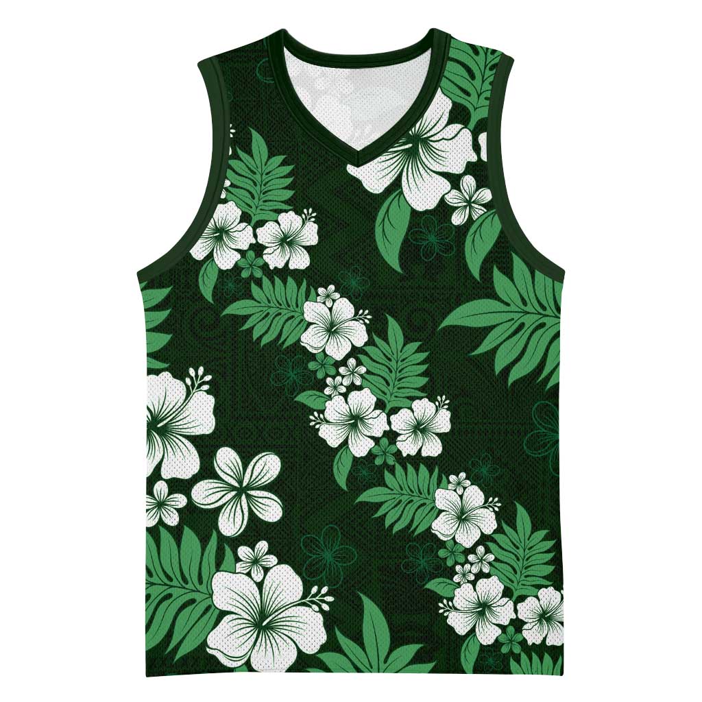 Hawaiian Hibiscus Tribal Floral Green Basketball Jersey Polynesian Tapa Pattern - Polynesian Pride