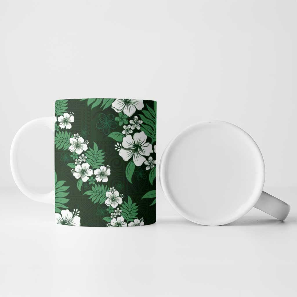Hawaiian Hibiscus Tribal Floral Green Ceramic Mug Polynesian Tapa Pattern - Polynesian Pride