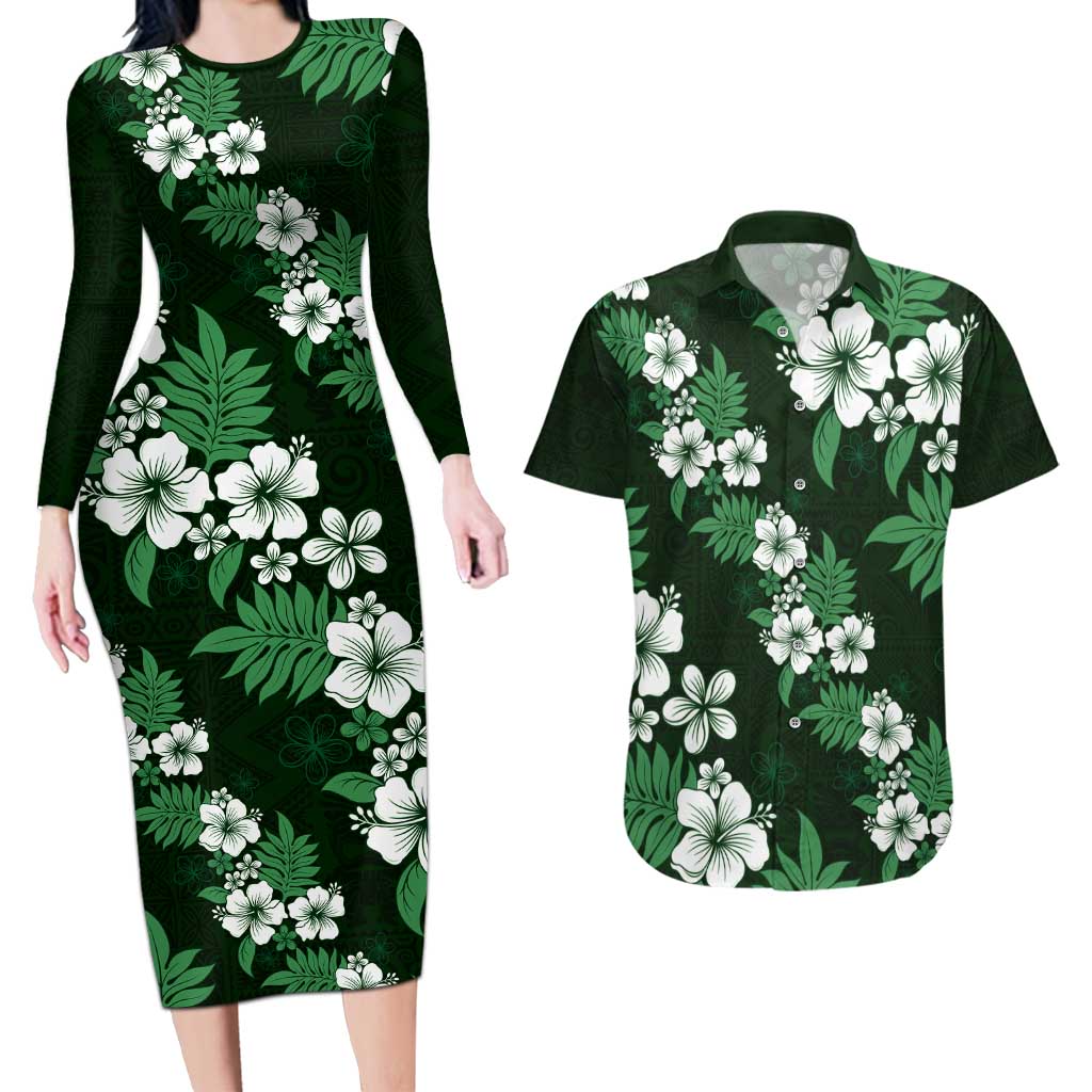 Hawaiian Hibiscus Tribal Floral Green Couples Matching Long Sleeve Bodycon Dress and Hawaiian Shirt Polynesian Tapa Pattern - Polynesian Pride