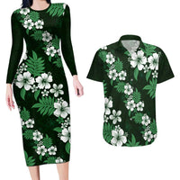 Hawaiian Hibiscus Tribal Floral Green Couples Matching Long Sleeve Bodycon Dress and Hawaiian Shirt Polynesian Tapa Pattern LT01 Green - Polynesian Pride