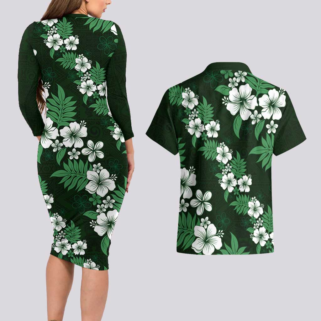 Hawaiian Hibiscus Tribal Floral Green Couples Matching Long Sleeve Bodycon Dress and Hawaiian Shirt Polynesian Tapa Pattern LT01 - Polynesian Pride