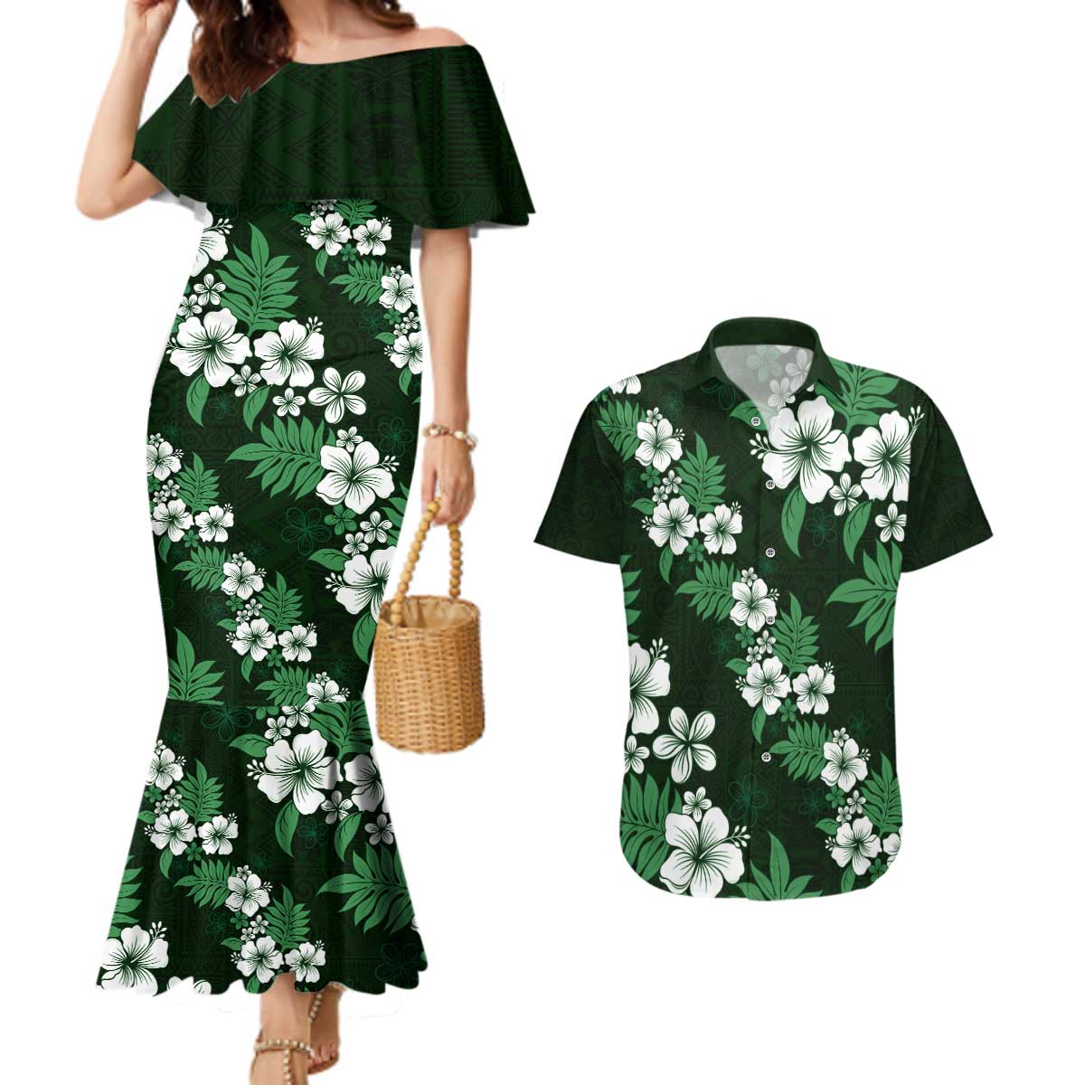Hawaiian Hibiscus Tribal Floral Green Couples Matching Mermaid Dress and Hawaiian Shirt Polynesian Tapa Pattern LT01 Green - Polynesian Pride