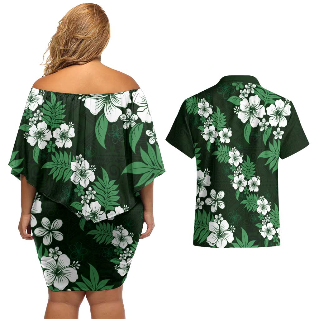 Hawaiian Hibiscus Tribal Floral Green Couples Matching Off Shoulder Short Dress and Hawaiian Shirt Polynesian Tapa Pattern LT01 - Polynesian Pride